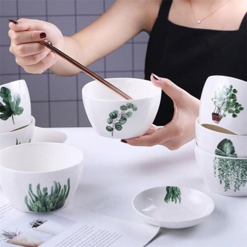 Nordic Minimalist Green Plant Square Rice Bowl Household Soup Bowl Ceramic Tableware Creative Salad Eating Bowl Dessert Plate