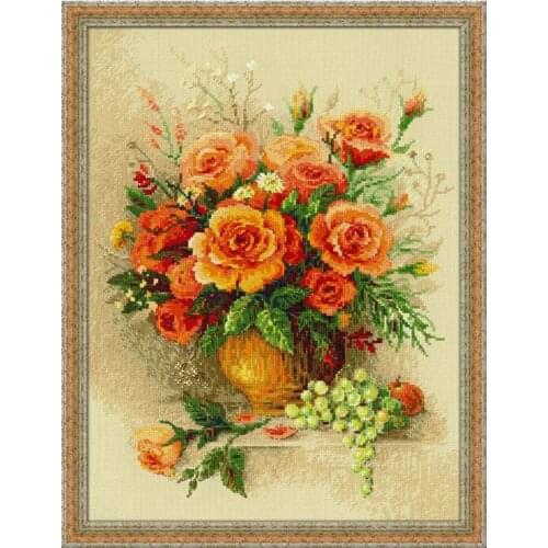 Cross Stitch Kit 11CT Printed Cloth Chinese Embroidery Material Bag Vase with yellow Rose Flower Decorative Painting