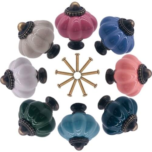 Pack of 10 Blue White Green Pink Red Ceramic Ball Pumpkin Look Solid Porcelain Kitchen Cabinet Knob Drawer Handle Door Pull
