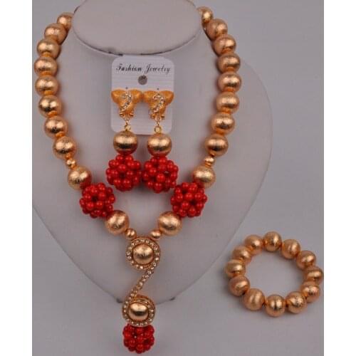 Nigeria Wedding Jewelry Red Coral Ball Beaded Jewelry African Bride Wedding Dress Accessories Set SH-14