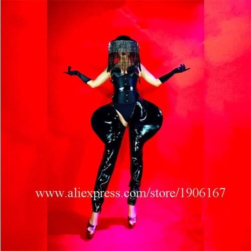 Nightclub Female Models Black Sexy Chinese Style Women Costume Rhinestone Tassel Hat Dance Team Stage Performance C