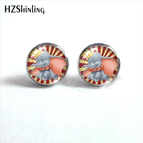 2021 New Fashion Cute Dumbo and Friends Lovely Elephant Family Glass Dome Round Handcraft Jewelry Stud Earrings