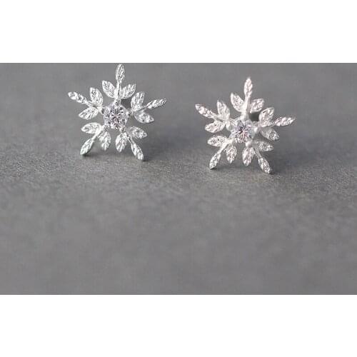 925 Sterling Silver Crystal Snowfake Studs Earrings For Women Christmas Wedding Jewelry Accessories A141