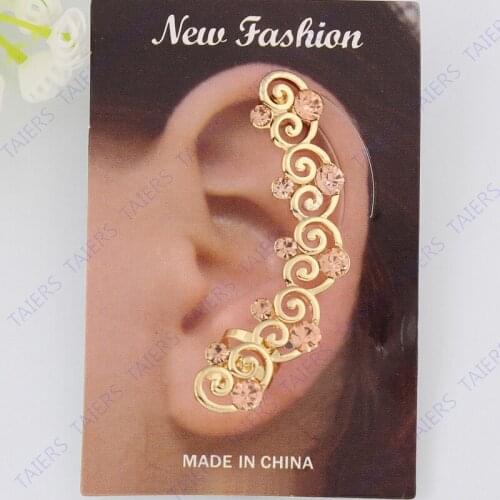 Leaf Ear cuff Earring post clip pink stone Heart Golden color Christmas gift Party Nickel-free fashion jewelry TAIERS