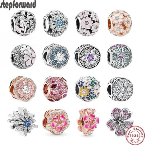 STEP FORWARD 100% 925 Real Silver Flowers Charms Fits Pandora Bracelet Bangle Colorful CZ Paved Beads For Jewelry Making