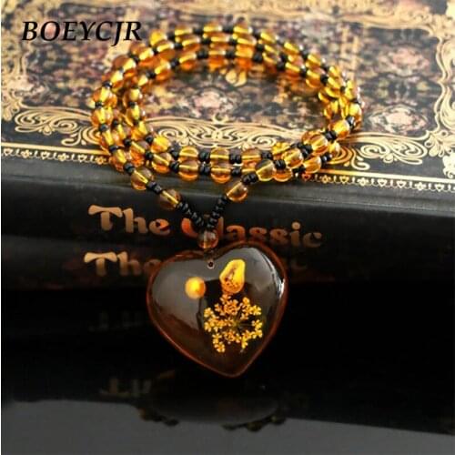 BOEYCJR Vintage Resin Heart Necklace Handmade Ethnic Flower Long Pendant Necklace Beads Necklace for Women Christmas Gift