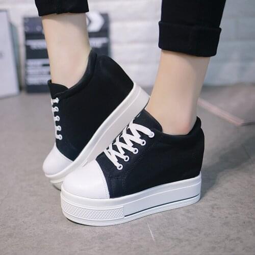 Womens Canvas Shoes High Heels Sneakers 2020 Spring White/Black Ladies Shoes Chunky Sneakers For Woman Casual Platform Shoes