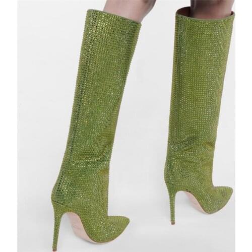 Full Rhinestone High Heel Knee Boots Pointed Toe Thin Heels Drilled Crystal Boots Women Fall Fashion Bling Bling Botas