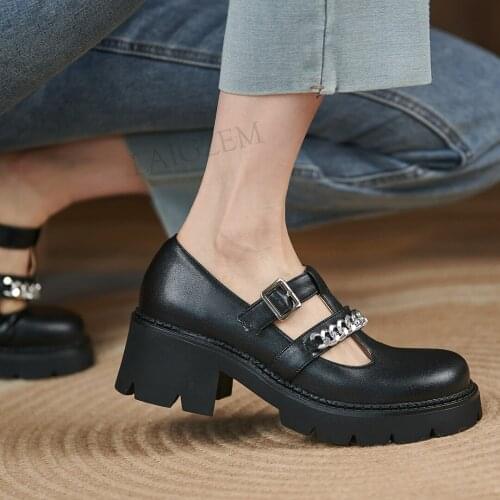 LAIGZEM Women Pumps Real LEATHER Block Heels Buckle Strap Metal Chains Female Comfortable Shoes Woman Handmade Size 36 38 39 40