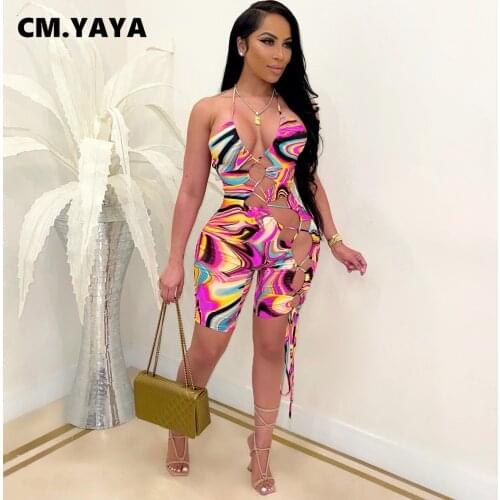 CM.YAYA Women Playsuit Pint Sleeveless Halter Bandage Hollow Out Bodycon Playsuits Sexy Fashion Romper Overall Summer Outfit
