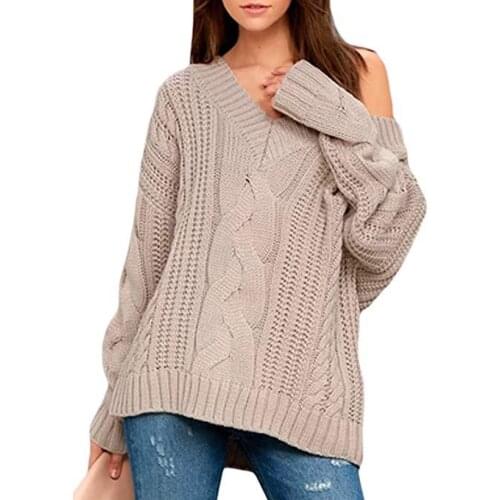 2021 New Sweater Womens V-neck Twist Casual Long-sleeved Pullover Loose Kintted Off The Shoulder Tops for Women
