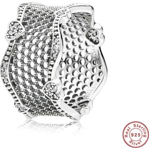 925 Sterling Silver Pan Ring Lace Of With Crystal For Women Wedding Party Gift Fine Jewelry