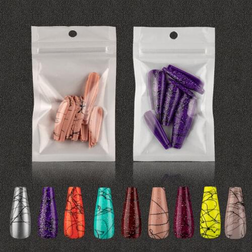 20Pcs Colorful Acrylic False Long Coffin Nails Fake Nails Line Design Art Tips Natural Full Cover Fake Nail Tips Manicure Tools