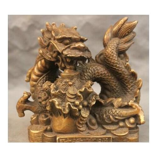 6" Chinese Pure Bronze Feng Shui Dragon turtle Cabbage Luck Statue