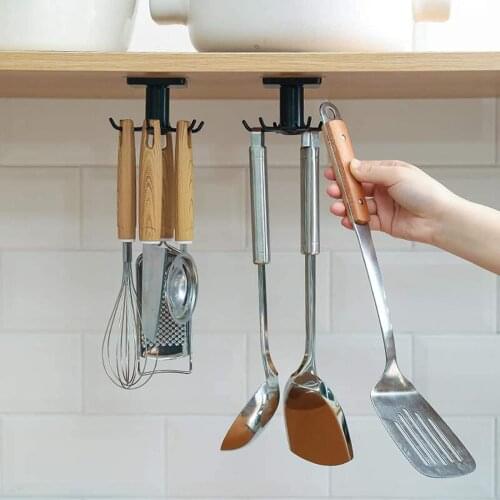 6 Hooks Kitchen Rack Kitchen Organizer Home Accessories 360 Degrees Rotating Cabinet Hanger Utensils For Kitchen Convenience