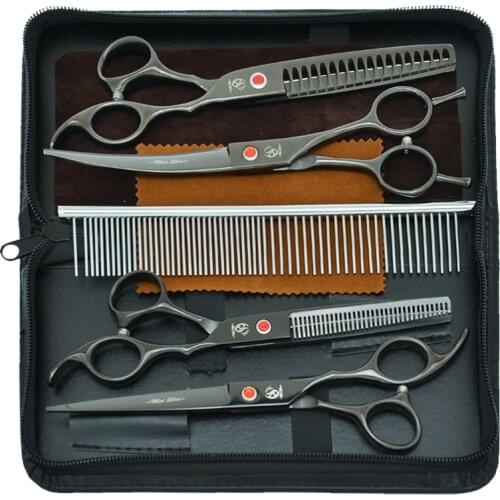 7.0" Dog Grooming Tesouras Steel Animals Hair Straight Curved Cutting Shears Thinning Scissors Pet Groomer Shear Supplies B0028A