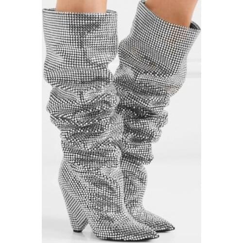 Blingbling new fashion lady spike chunky heel silver rhinestones knee high boots silver diamonds knee boots real photos custom