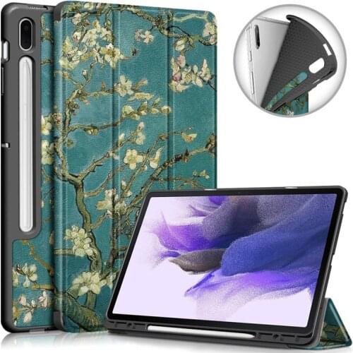 For Samsung Tab S7 Plus S7 Fe Case with Pencil Holder Painted Leather TPU Back Magnetic Cover For Galaxy Tab S7 FE S7 Plus Case