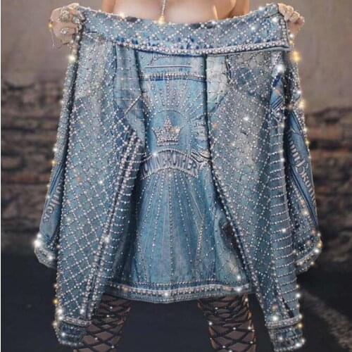 Jeans jacket Men Women dance coat Shiny Rhinestone jacket DJ Nightclub