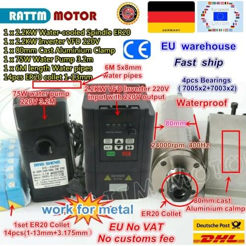 EU free Waterproof 2.2kw ER20 Water cooled spindle motor Carved metal & 2.2kw VFD Inverter 220V & 80mm Clamp & Water pump/Collet