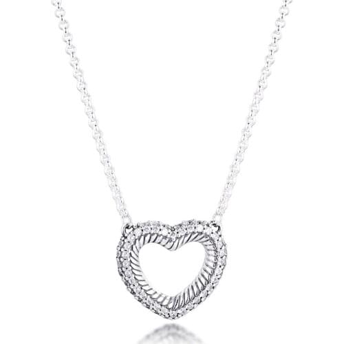100% 925 Sterling Silver Pavé Snake Chain Pattern Open Heart Collier Necklace Pendant Necklaces for Women Jewelry colgantes