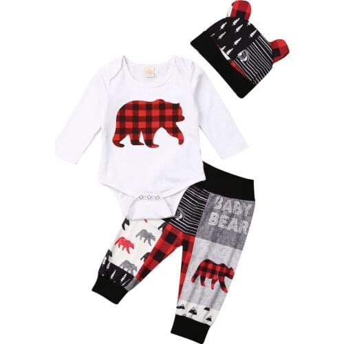 3PCS Newborn Baby Boy Girl Christmas Clothes Set Bear Print Romper Pants Outfits