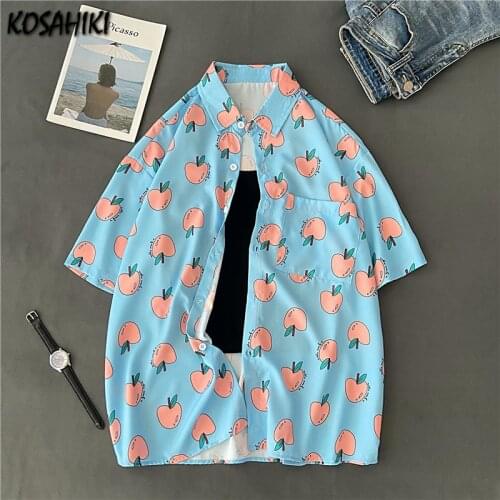 KOSAHIKI Loose Short Sleeved Casual Shirt All Match Blouse Women Printed Korean Style Ins Cute Kawaii Harajuku Blusas