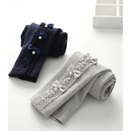 2021 Autumn Spring 100-150cm 3-12 Years Cotton With Pearls Bow Flower Floral Lace Pearls Patchwork Baby Kids Leggings For Girls