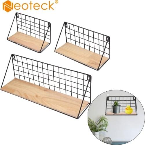 Neoteck 3 Pcs Iron Wall Storage Rack Retro Wood Industrial Style Wire Hanger Large Storage Shelf With Screw Hook