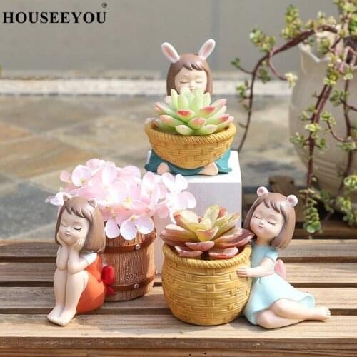 Cute Girl Succulent Flowerpot Resin Flower Pot Micro Landscape Plant Bonsai For Home Living Room Tabletop Garden Decoration