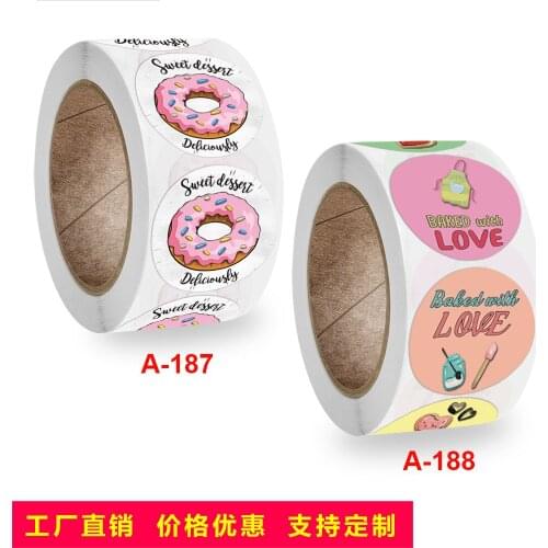 500pcs/roll Food Stickers Round Baked With Love Cute Labels for Childrens Day Scrapbooking Stickers 1 inch 4 Design Sticker