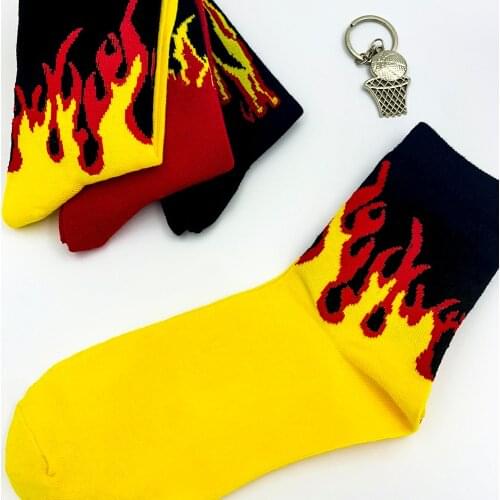 Men Fashion Hip Hop Hit Color On Fire Crew Socks Red Flame Blaze Power Torch Hot Warmth Street Skateboard Cotton Socks Cool