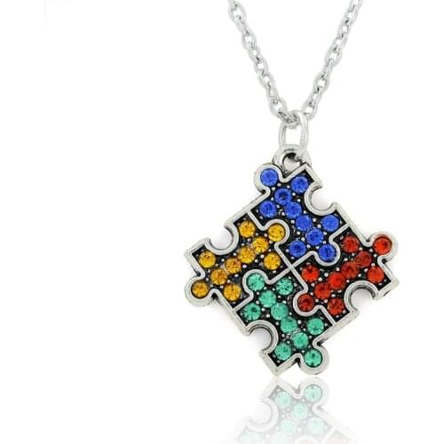 Autism Symbol Pendant Necklace Men Women Jewelry Crystal Puzzle Pieces Souvenirs 5pcs/lot Wholesale