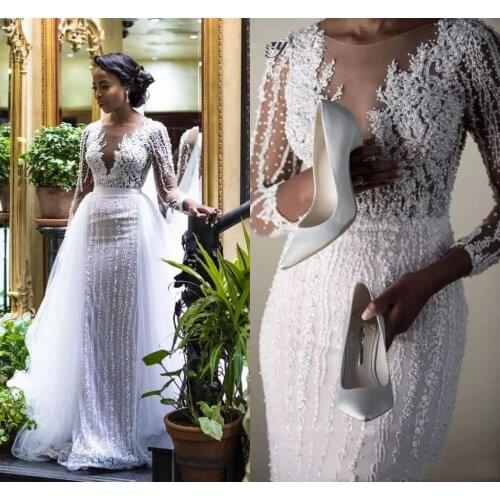 Luxury Pearls African Lace Long Sleeves Mermaid Wedding Dress Detachable Train 2023 Illusion Tulle Applique Beaded Wedding
