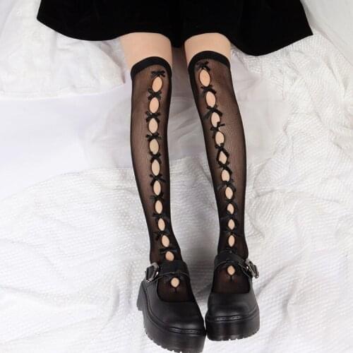 Sexy Lace Stockings Black White Hollow Out Japanese Girl Lolita Style Fishnet Stockings Cute Bow Tie Thigh High Socks Female