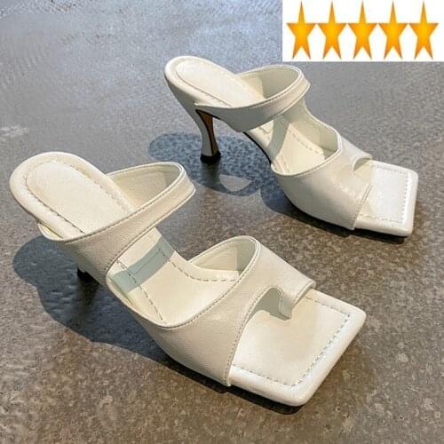 Women Summer Square Peep Fashion Toe High Heels 2021 New Elegant Ladies Genuine Leather Slip On Flip Flop Slide Sandals