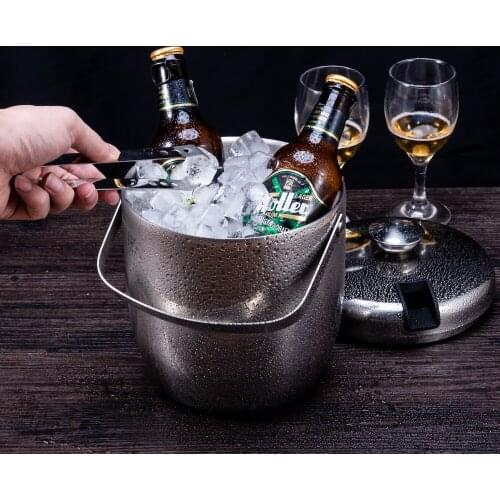 Ice Bucket, Insulated Stainless Steel Double Wall Ice Bucket With Lid, With Stainless Steel Ice Tong, Wine,Whiskey Cooler - 3L