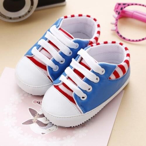 Spring Cute New Infant Toddler Baby PU Striped Sneakers Boys Girls Soft Sole Crib Non-slip Shoes 0-18M