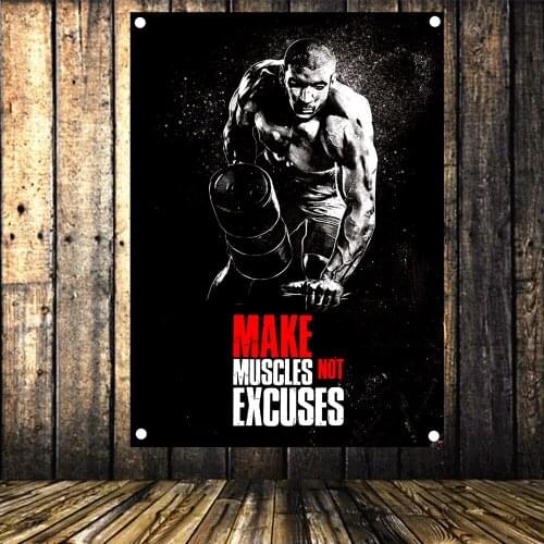MAKE MUSCLES NOT EXCUSES Vintage Fitness Banners Flags Bodybuilding Sports Inspirational Posters Tapestry Gym Wall Decoration
