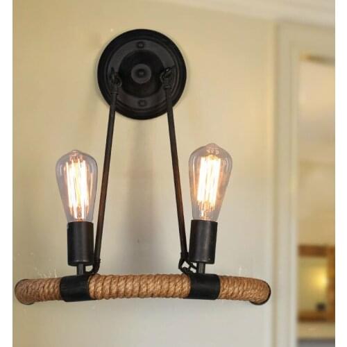 Vintage Retro Hemp Rope Iron Wall Lamp Industrial Loft E27 2 Heads Wall Lights Rustic Sconce Wall Light For Art Gallery