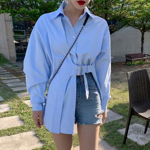 [EWQ] 2021 Spring Autumn New Blusas Long-sleeved Simple Fashion Trend Ladies Blue Irregular Shirt Coat 1 Blouse Tops