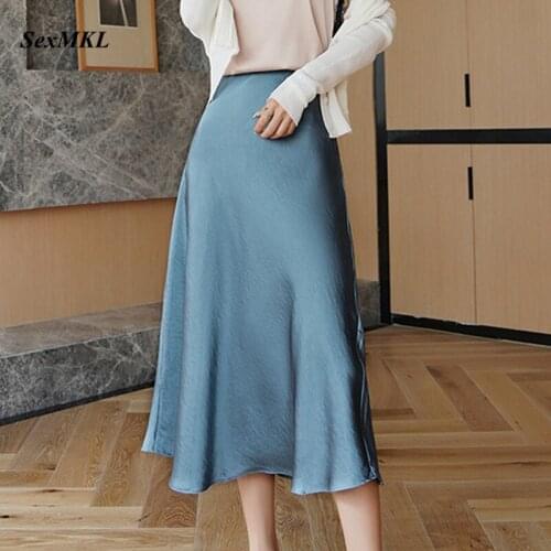Women Elegant OL Long Skirt 2021 Summer Ladies Glossy Satin Skirt Plain Shiny Fashion Party Office Black Sexy High Waist Skirt