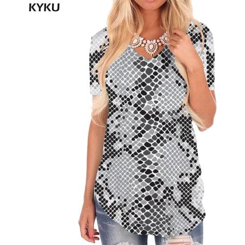 KYKU Snake Skin T-shirt women Harajuku T-shirts 3d Brown Shirt Print Art V-neck Tshirt Womens Clothing Punk Rock Cool Streetwear