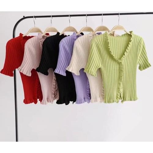Women Fashion Short Sleeve Ruffles Cardigans Single Breasted Elastic Knitted Crop Tops