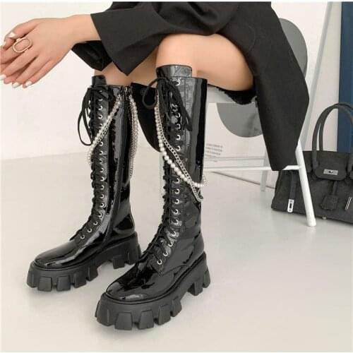 Lucyever Pearl Chain Motorcycle Boots Women Black Patent Leather Chunky Platform Knee-high Boots Woman Sqaue Heels Long Botas