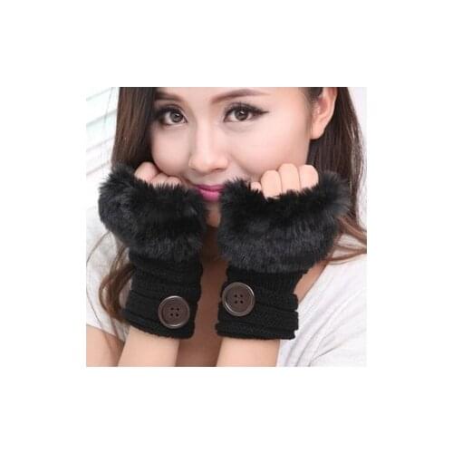 Women fingerless gloves Knitting Wool girl mittens Wrist Winter female gloves button soft Faux Fur Mittens
