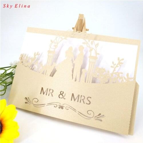 10pcs white blue Invitation Groom & Bride Laser Cutting Wedding Invitation Card Invitation Card and Party Supplies 6Z SH070