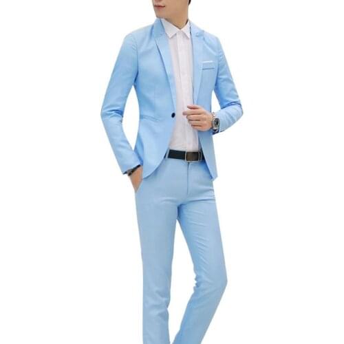 Dropshipping 2Pcs Fashion Men Solid Color Lapel Button Long Sleeve Slim Blazer Suit Pants