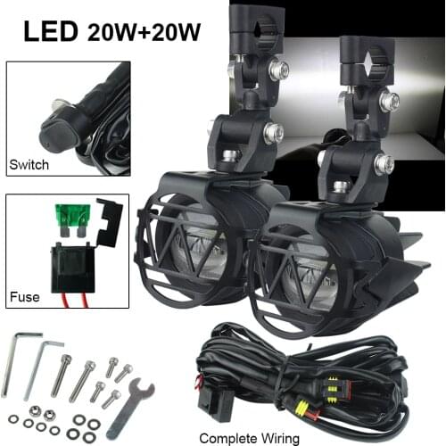 2Pcs Universal Motorcycle LED Auxiliary Light Driving Fog Lamp with Protect Guards Wiring Harness for Motorbike BMW K1600 R1200G