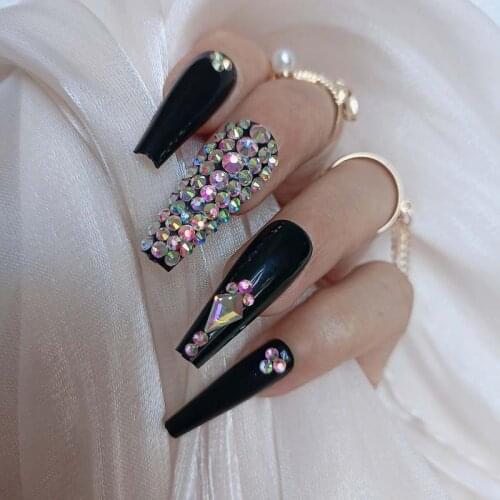 24pcs 2021 latest luxury jewelry ballet coffin fake nails crystal diamond black